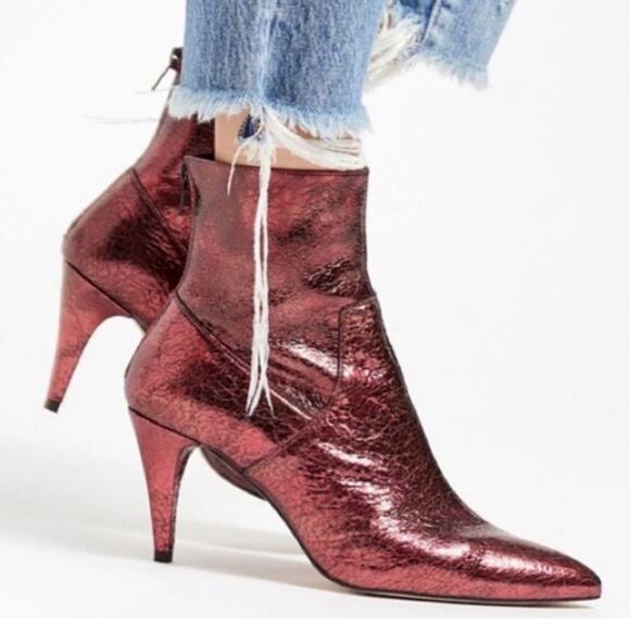 Free People Willa Metallic Burgundy Red Crackle Leather Ankle Boot Sz 9 - Picture 1 of 16